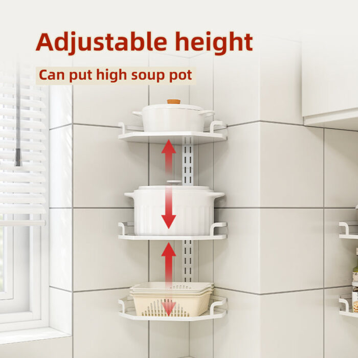 KitchenCornerWallPotRackDrillorGlue2tier3tieradjustablehangingshelforganiserracksg 2