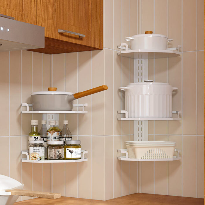 KitchenCornerWallPotRackDrillorGlue2tier3tieradjustablehangingshelforganiserracksg 23