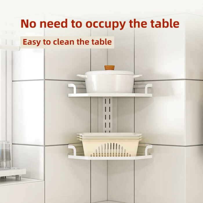 KitchenCornerWallPotRackDrillorGlue2tier3tieradjustablehangingshelforganiserracksg 5